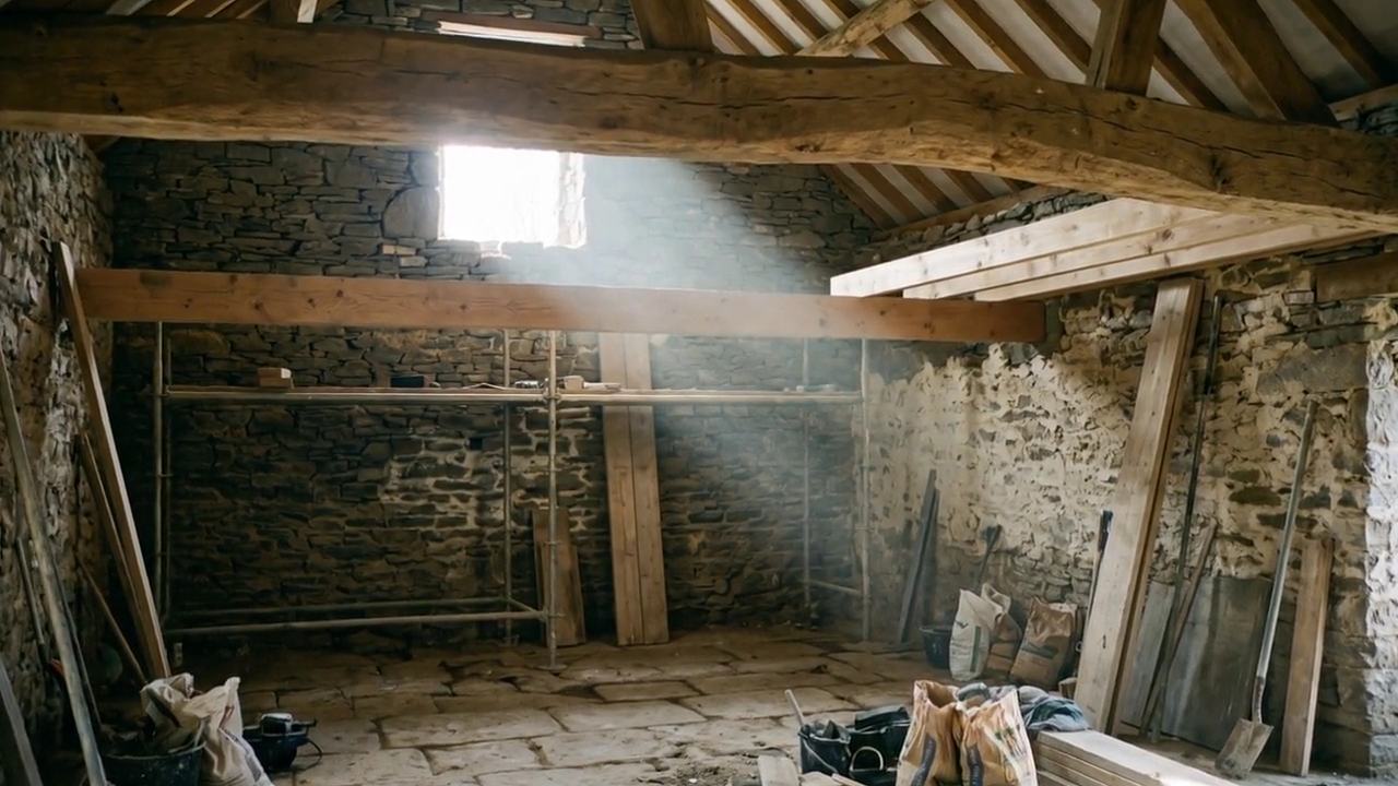Daylight through oak roof trusses in a Cumbrian barn conversion