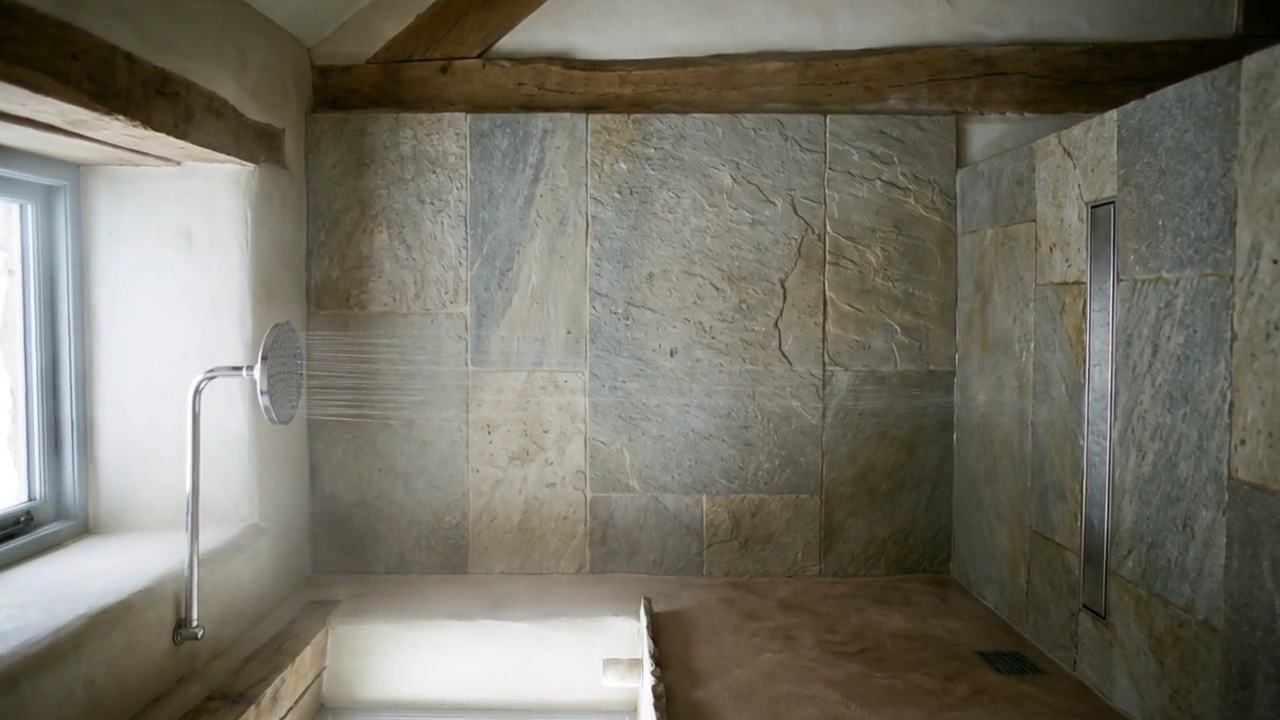 Wet room with natural stone tiling fitted by bathroom fitters in Ulverston
