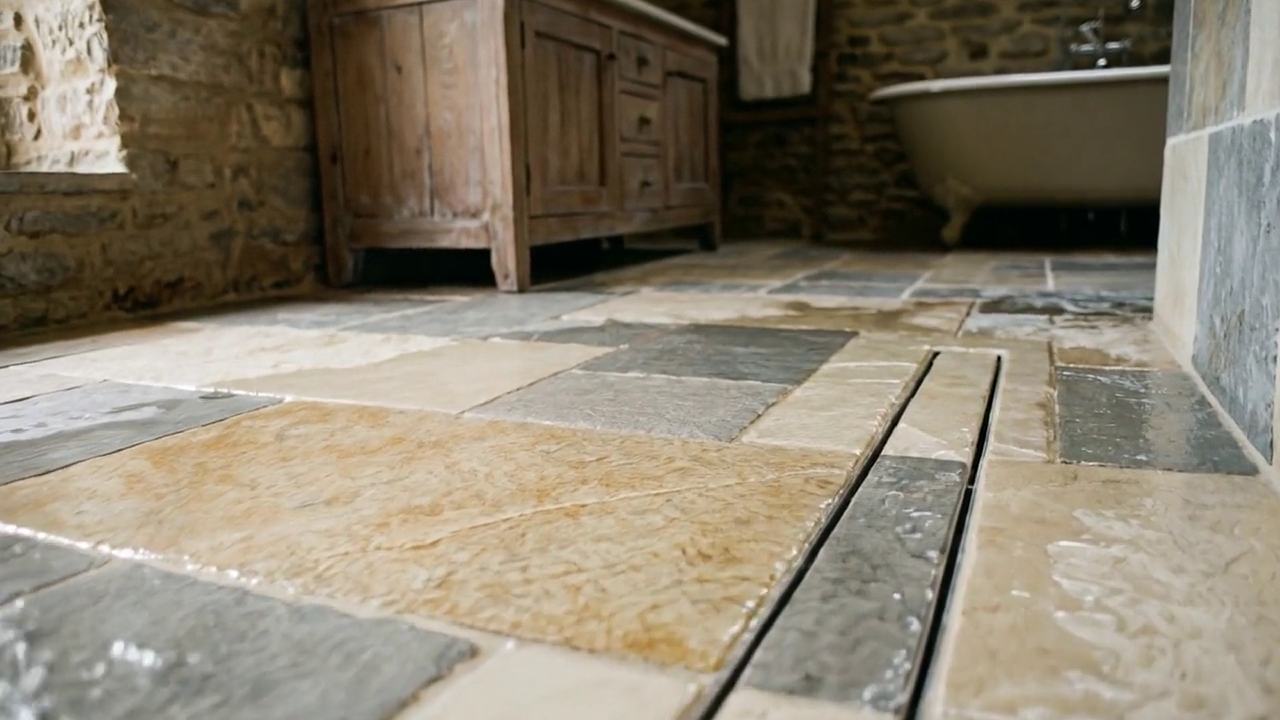 Natural stone tiled floor and linear drain laid in Ulverston